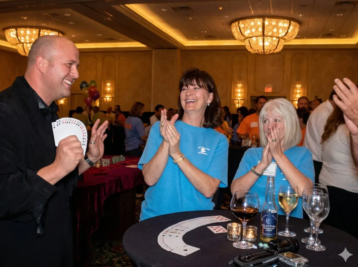 Women clapping and covering mouths in amazement during Mike DiDomenico corporate event