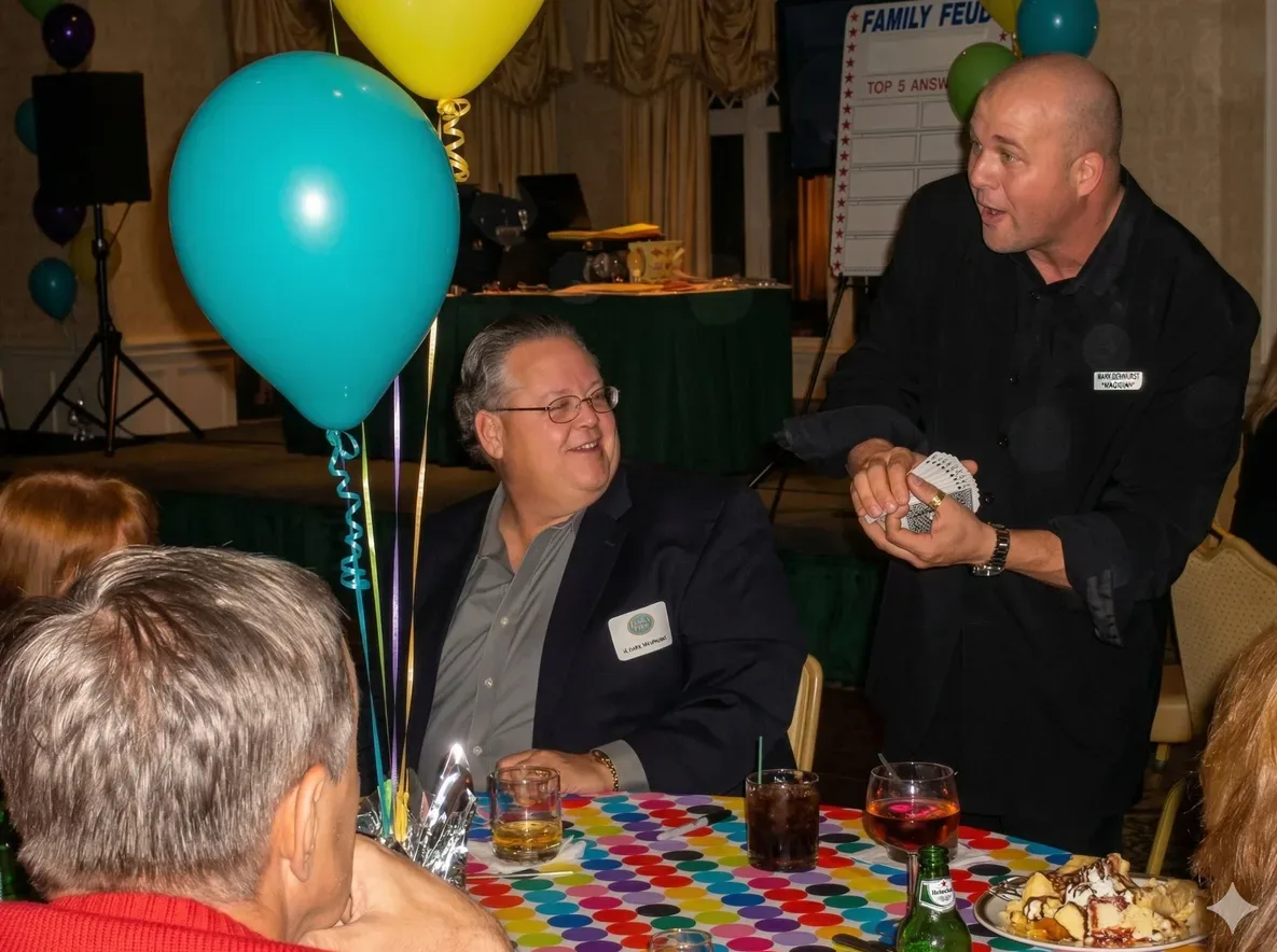 Mike DiDomenico performing strolling card magic at corporate banquet table