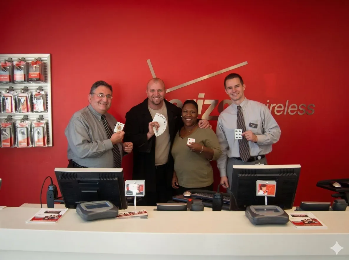 Mike DiDomenico with Verizon Wireless team holding playing cards at corporate event